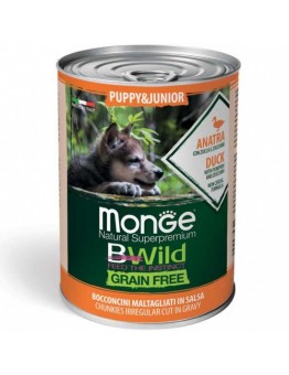 Monge BWILD Grain Free – Duck with Pumpkin and Zucchini – Puppy&Junior – Високо качествена консерва без зърнени съставки за подрастващи кучета от всички породи - хапки в сос с патешко, тиква и тиквички – 0.4 кг.