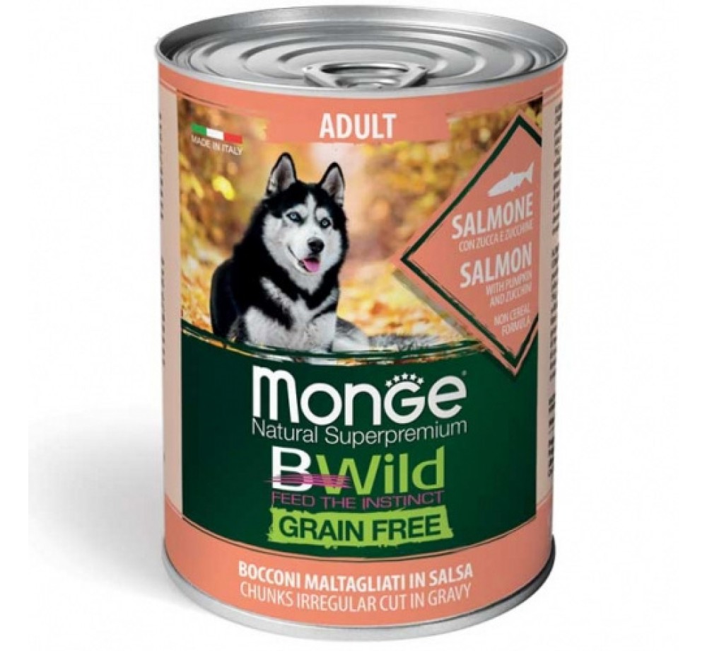 Monge BWILD Grain Free – Salmon with Pumpkin and Zucchini – Adult – Високо качествена консерва без зърнени съставки за кучета над 1 година от сички породи - хапки в сос със сьомга, тиква и тиквички – 0.4 кг.