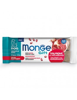 Monge Gift Granola Bars Skin Support – Неустоимо лакомство за кучета над 1 година - монопротеинови барчета без зърнени култури за блестяща козина и здрава кожа със сьомга и нар – 120 гр.