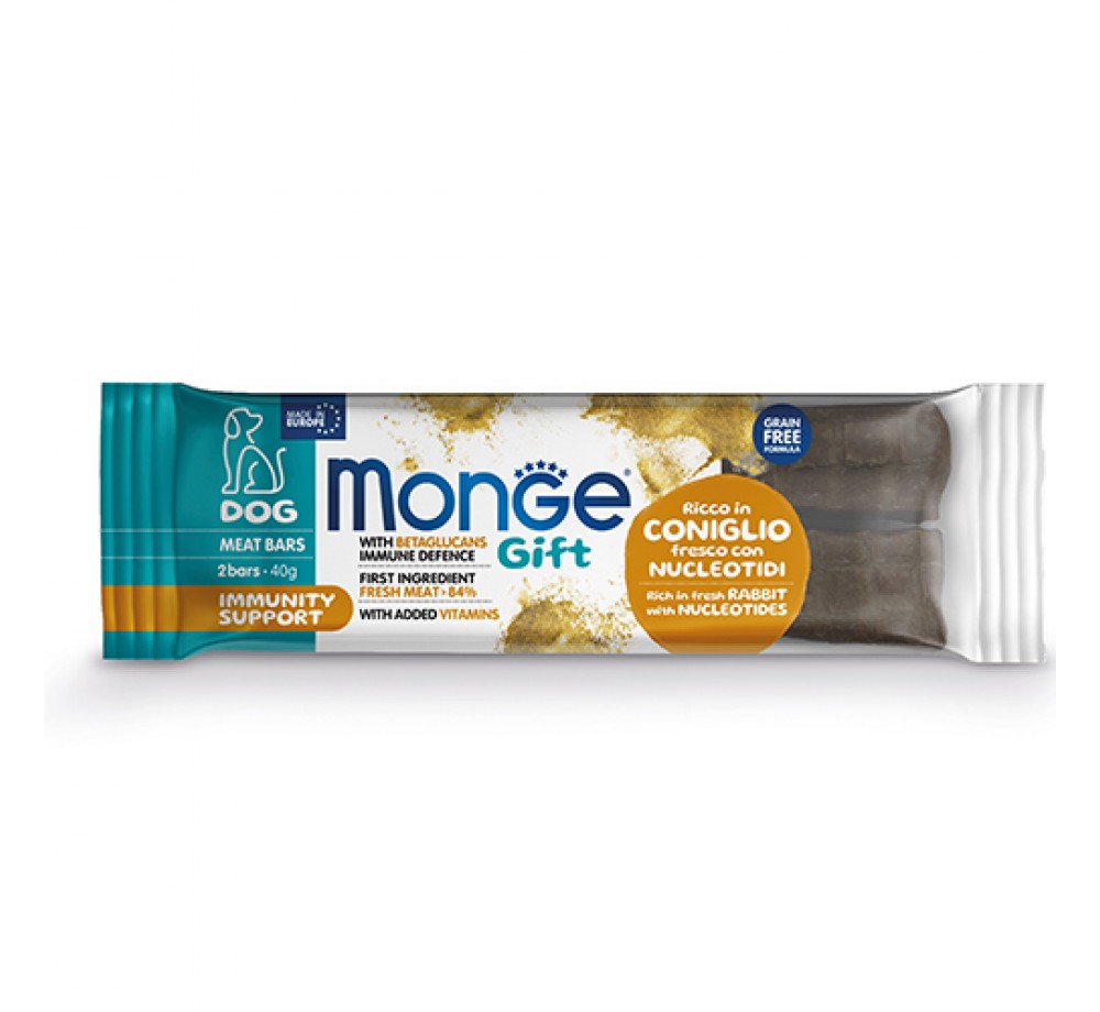 Monge Gift Meat Bars Immunity Support – Неустоимо лакомство за кучета над 1 година - монопротеинови барчета без зърнени култури за подсилване на имунитета със заешко, неокледуиди и бетаглюкани – 40 гр.