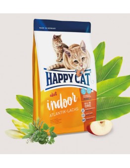 HAPPY CAT - Indoor Atlantik-Lachs (Atlantic Salmon) - за неактивни котки живеещи на закрито над 1 година с атлантическа сьомга и добавено пилешко и заешко - 10 кг.