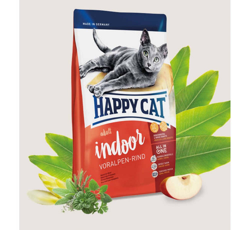 HAPPY CAT - Indoor Voralpen-Rind (Alpine Beef) - за неактивни котки живеещи на закрито над 1 година с алпийско говеждо и добавено пилешко и ябалки - 10 кг.