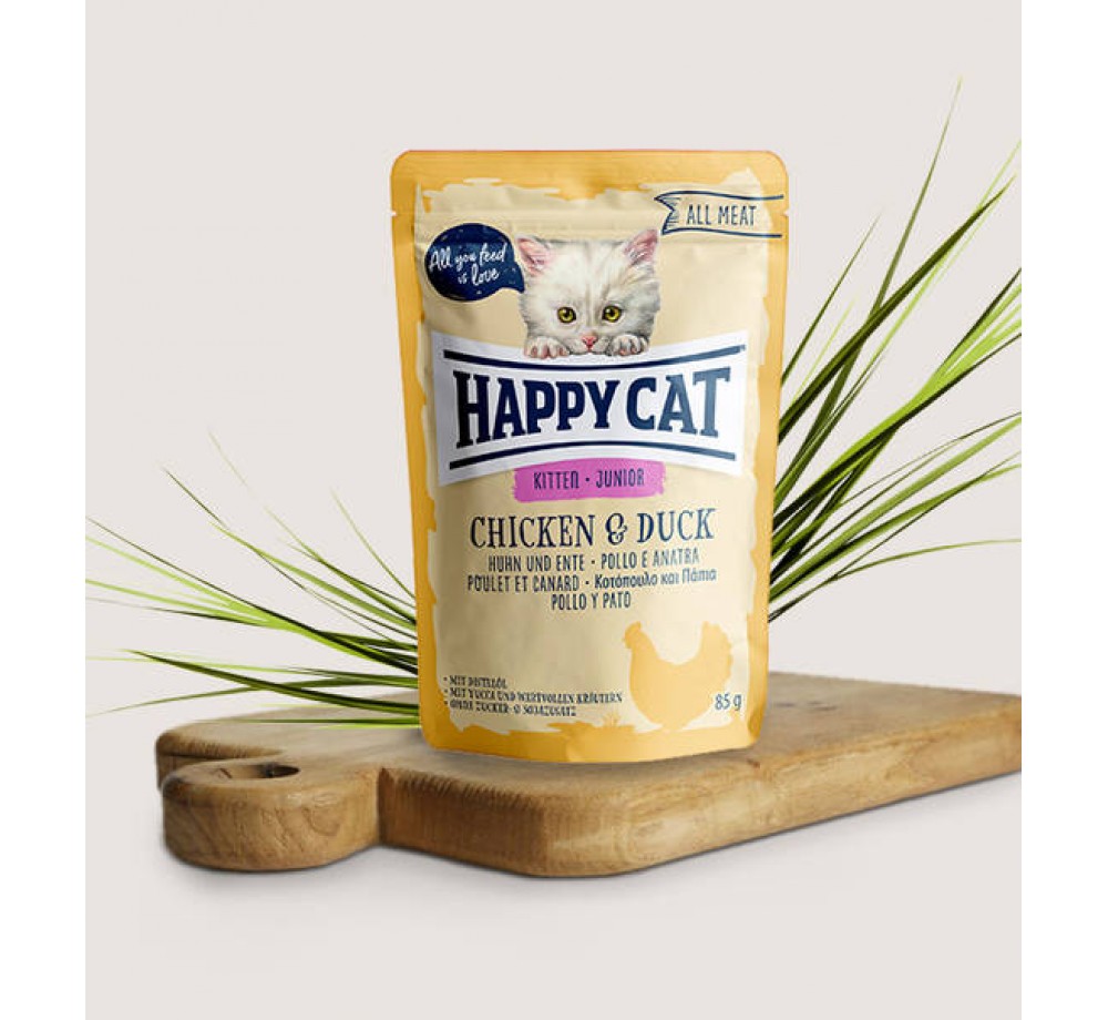 Happy Cat All Meat Junior Chicken & Duck - неустоим пауч за подрастващи котки с пилешко месо и патица - 85 гр.