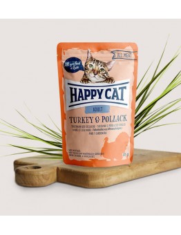 Happy Cat All Meat Adult Turkey & Pollack - неустоим пауч за израстнали котки с пуешко месо и морска сьомга - 85 гр.