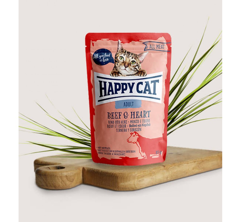 Happy Cat All Meat Adult Beef & Heart - неустоим пауч за израстнали котки с говеждо месо сърца - 85 гр.