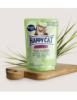 Happy Cat All Meat Adult Sterilised Veal & Lamb - неустоим пауч за израстнали кастрирани котки с говеждо и агне - 85 гр.