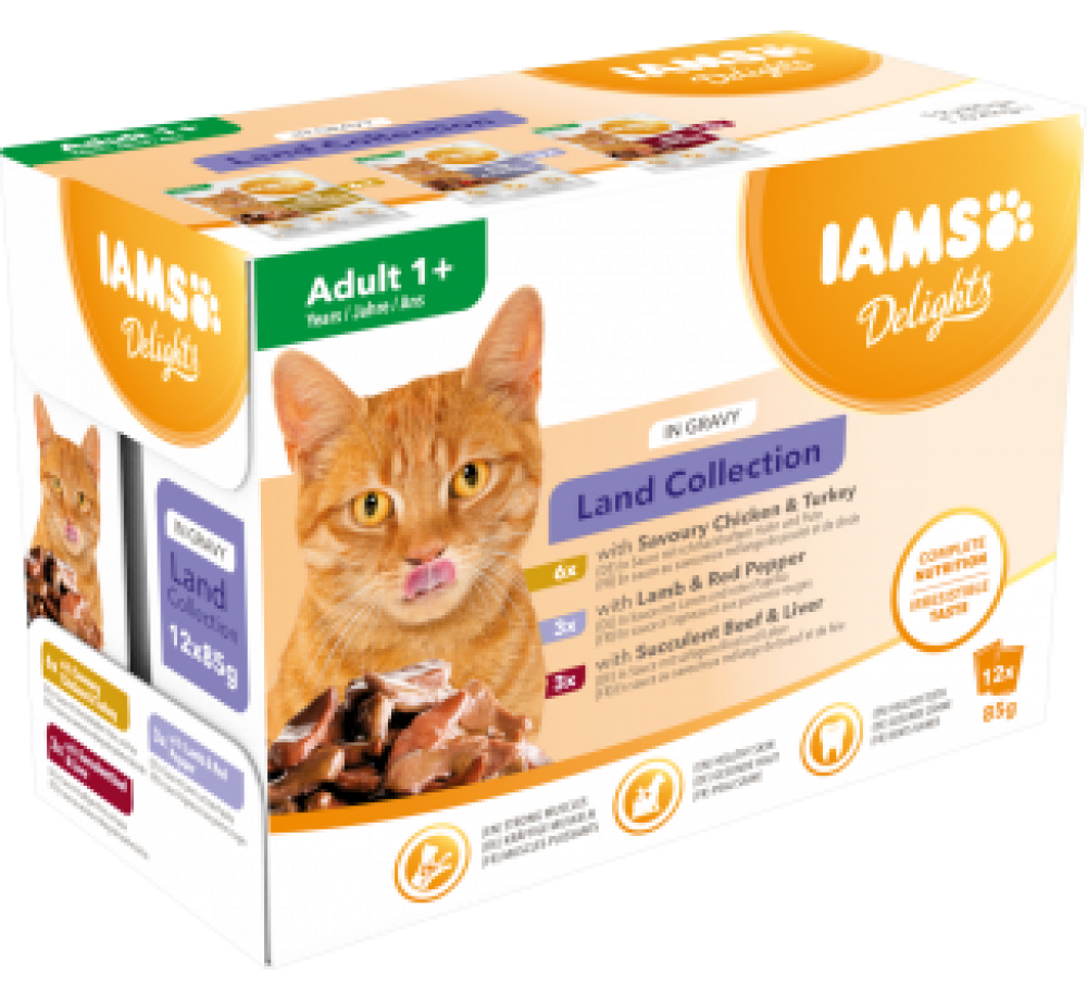 Iams cat pouch land gravy - паучове за котки над 1 година с различни вкусове - пилешко, пуешко, агнешко и говеждо в сос грейви - 12 х 85 гр.
