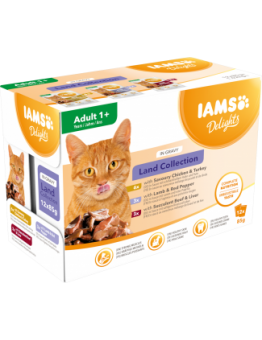 Iams cat pouch land and sea gravy - паучове за котки над 1 година с различни вкусове - пилешко, пуешко, агнешко, сьомга, риба тон и риба треска в сос грейви - 12 х 85 гр.