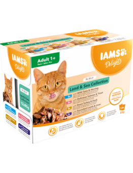 Iams cat pouch land and sea jelly - паучове за котки над 1 година с различни вкусове - пилешко, пуешко, агнешки дроб, сьомга, пъстърва и херинга в желе - 12 х 85 гр.