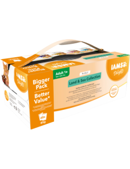 Iams cat pouch land and sea jelly MEGA PACK - паучове за котки над 1 година с различни вкусове - пилешко, пуешко, агнешки дроб, сьомга, пъстърва и херинга в желе - 48 х 85 гр.