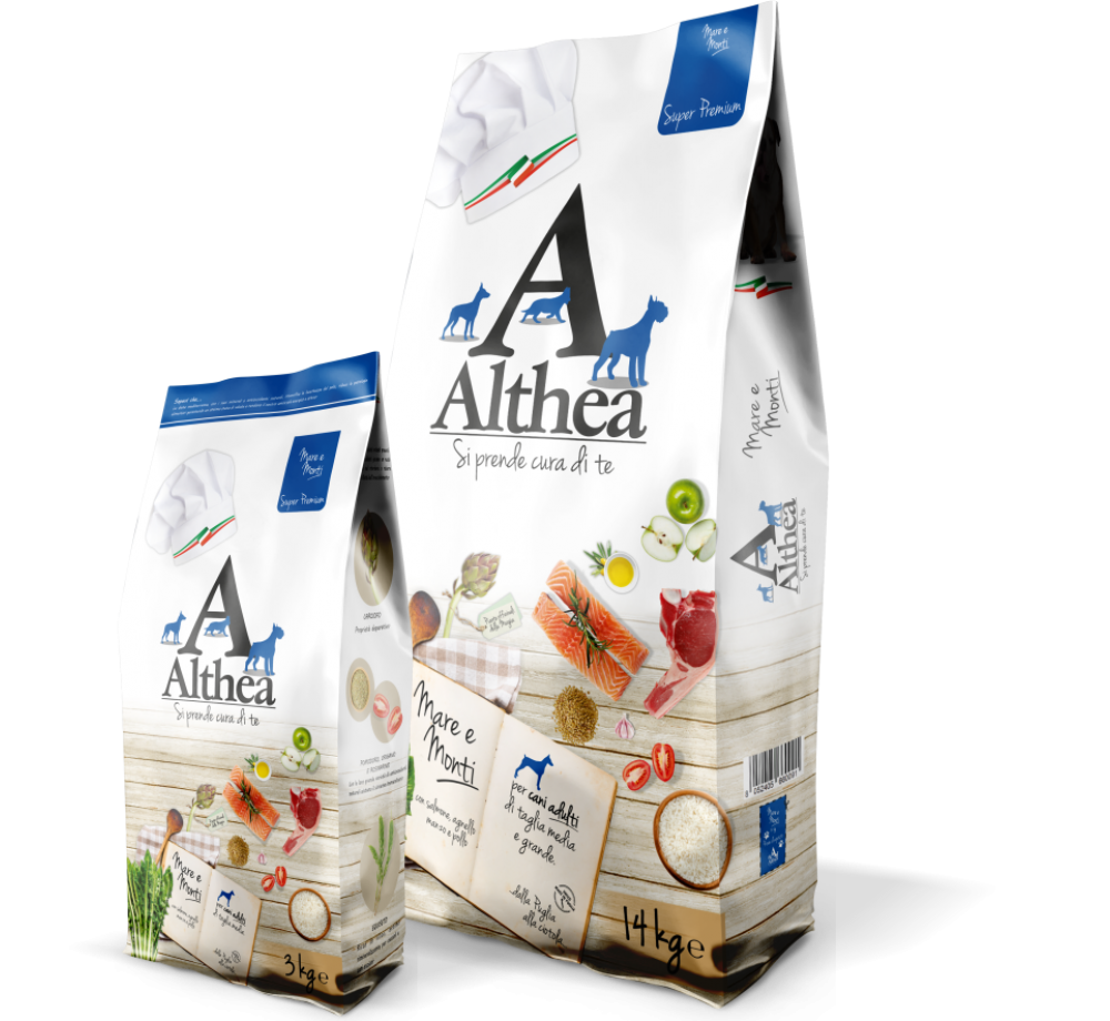 Althea Super premium Mare e Monti - пълноценна храна за средни и големи породи кучета над 1 година с говеждо, пилешко, агнешко, сьомга и ориз - 14 кг.