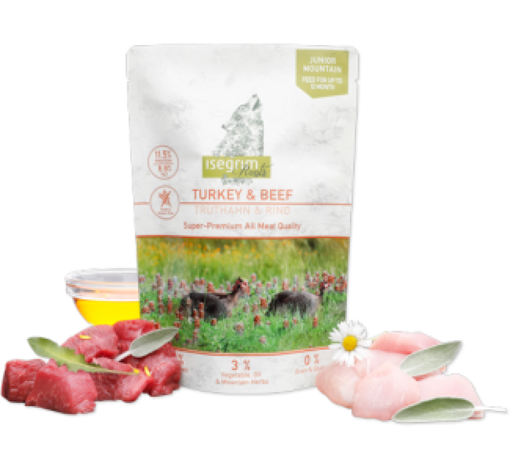 Isegrim Turkey, Beef, Sweet Potato, Mountain herbs - Неустоим, високо качествен пауч за кучета над 1 година от всички породи с пуешко, говеждо, сладък картоф и планински билки - 410 гр.