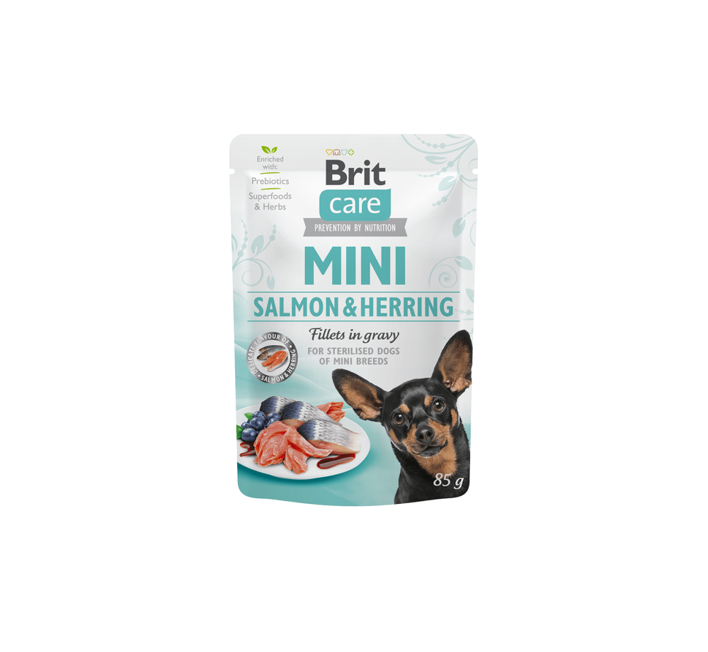 Brit Care Mini Salmon & Herring fillets in gravy for sterilised dogs - неустоим, високо качествен пауч за кастрирани кучета от малките породи със сьомга и херинга - 85 гр.