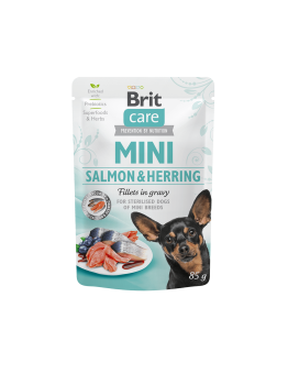 Brit Care Mini Salmon & Herring fillets in gravy for sterilised dogs - неустоим, високо качествен пауч за кастрирани кучета от малките породи със сьомга и херинга - 85 гр.
