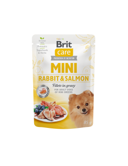 Brit Care Mini Rabbit & Salmon fillets in gravy - неустоим, високо качествен пауч за кучета от малките породи със сьомга и заешко месо - 85 гр.