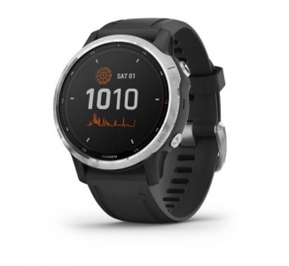 GARMIN - fēnix 6S Solar  - Модел: 010-02409-00 - Мултиспорт часовник позволява да добавяне на карти, музика, мониторинг на темпото и много повече към тренировките си  - Сребрист с черна каишка