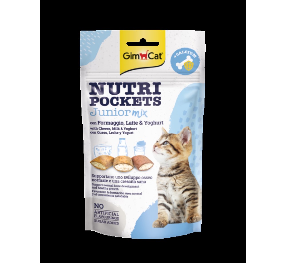 GimCat Nutri Pockets JUNIOR - Лакомство за подрастващи котки хрупкави джобчета със сирене, мляко и йогурт + калций - 60 гр.