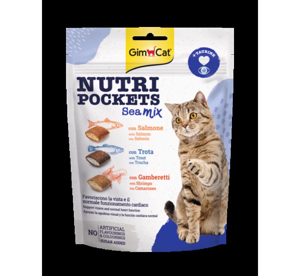 GimCat Nutri Pockets - Лакомство за котки хрупкави джобчета - морски коктейл със сьомга, пъстърва и скариди + таурин - 150 гр.