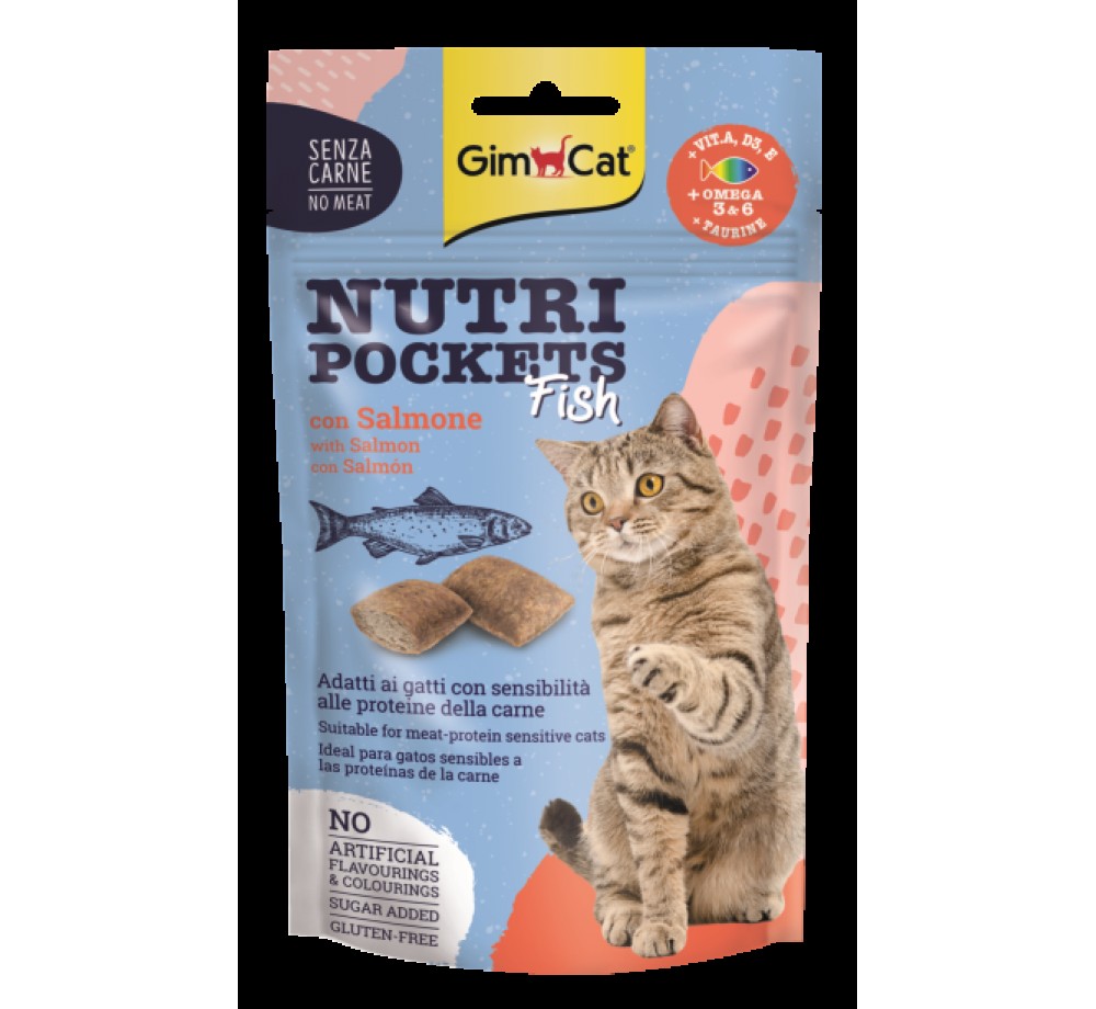 GimCat Nutri Pockets Fish - Лакомство за котки хрупкави джобчета със сьомга + Вит. A, D3, E + Омега 3 и 6 +Таурин - 60 гр.