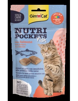 GimCat Nutri Pockets Fish - Лакомство за котки хрупкави джобчета със сьомга + Вит. A, D3, E + Омега 3 и 6 +Таурин - 60 гр.