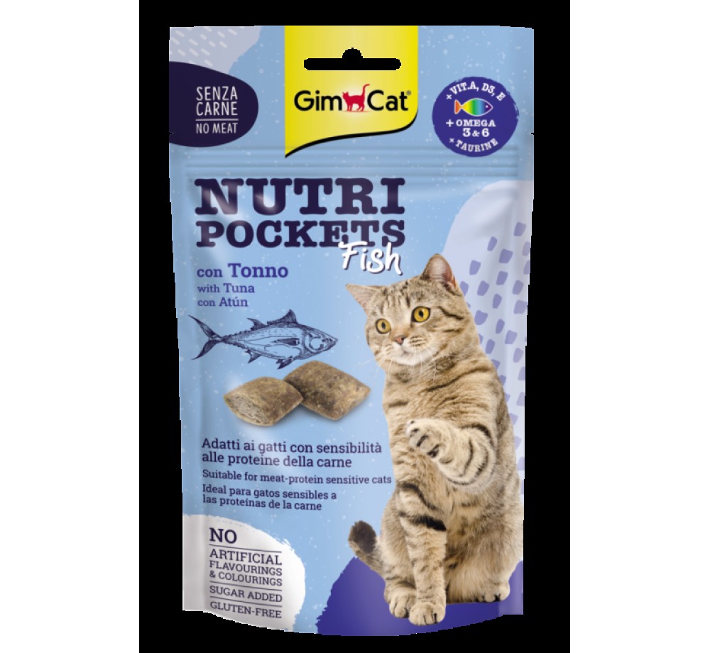 GimCat Nutri Pockets Fish - Лакомство за котки хрупкави джобчета с риба тон + Вит. A, D3, E + Омега 3 и 6 +Таурин - 60 гр.