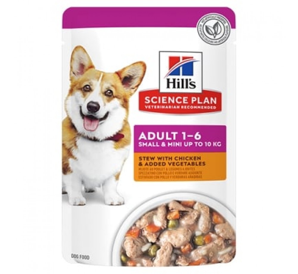 Hills Science Plan Small & Mini Adult Dog Stew with Chicken & Vegetables – пълноценен и неустоим пауч за кучета от мини и малки породи над 1 годин -  пилешко със задушени зеленчуци - 80 гр.