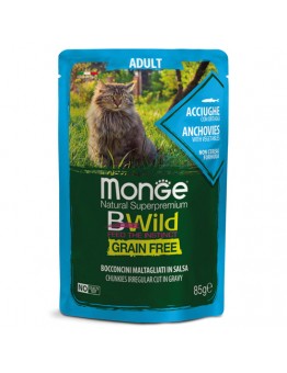 Monge BWILD Grain Free Adult - Неустоим пауч  с хапки в сос, без зърнени храни за котки над 1 година с аншоа и зеленчуци - 85 гр.