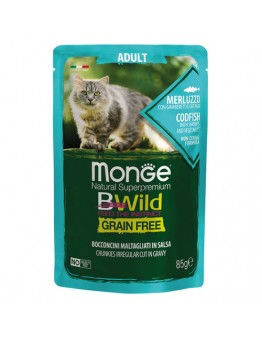 Monge BWILD Grain Free Adult - Неустоим пауч  с хапки в сос, без зърнени храни за котки над 1 година с риба треска, скариди и зеленчуци - 85 гр.