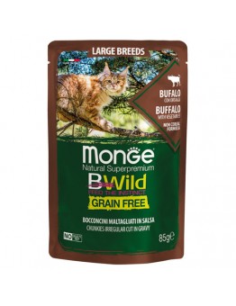 Monge BWILD Grain Free Large Breeds - Неустоим пауч  с хапки в сос, без зърнени храни за котки над 1 година с биволско и зеленчуци - 85 гр.