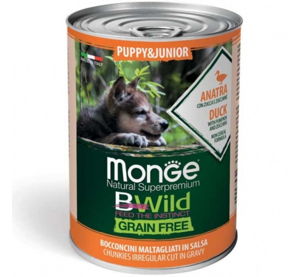 Monge BWILD Grain Free – Duck with Pumpkin and Zucchini – Puppy&Junior – Консерва без зърнени храни, за подрастващи кучета до 1 година от всички породи хапки в сос с патешко месо, тиква и тиквички - 400 гр. Monge BWILD Grain Free – Duck with Pumpkin and Zucchini – Puppy&Junior – Консерва без зърнени храни, за подрастващи кучета до 1 година от всички породи хапки в сос с патешко месо, тиква и тиквички - 400 гр.