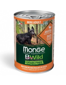 Monge BWILD Grain Free – Duck with Pumpkin and Zucchini – Mini Adult – Консерва без зърнени храни, за кучета над 1 година от малките породи хапки в сос с патешко месо, тиква и тиквички  - 400 гр.