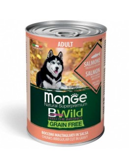 Monge BWILD Grain Free – Salmon with Pumpkin and Zucchini – Adult – Консерва без зърнени храни, за кучета над 1 година от всички породи хапки в сос с месо от сьомга, тиква и тиквички  - 400 гр.