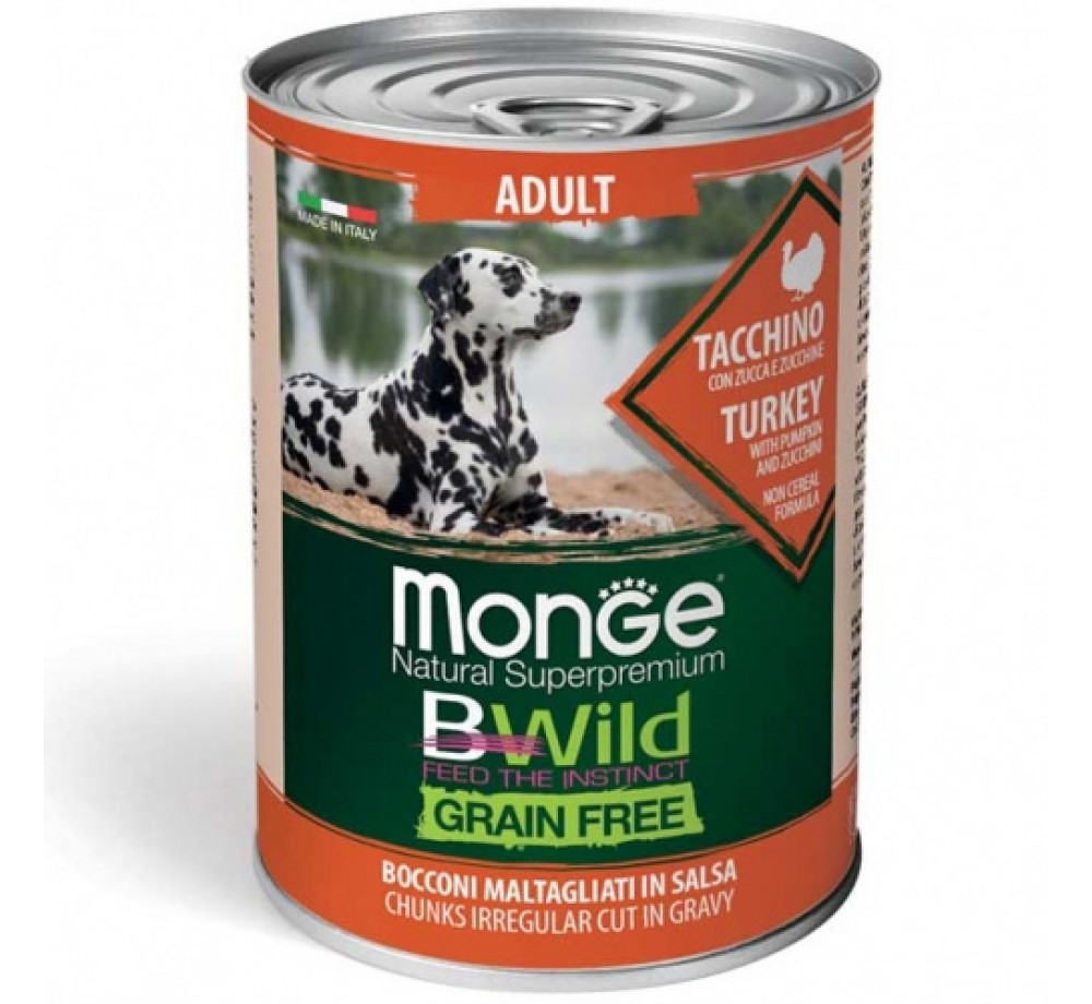 Monge BWILD Grain Free – Turkey with Pumpkin and Zucchini – Adult – Консерва без зърнени храни, за кучета над 1 година от всички породи хапки в сос с пуешко месо, тиква и тиквички  - 400 гр.