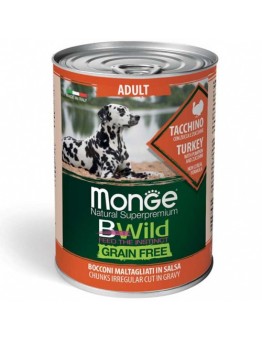 Monge BWILD Grain Free – Turkey with Pumpkin and Zucchini – Adult – Консерва без зърнени храни, за кучета над 1 година от всички породи хапки в сос с пуешко месо, тиква и тиквички  - 400 гр.