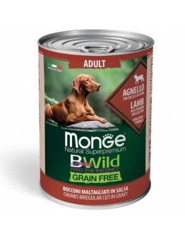 Monge BWILD Grain Free – Lamb with Pumpkin and Zucchini – Adult – Консерва без зърнени храни, за кучета над 1 година от всички породи хапки в сос с агнешко месо, тиква и тиквички  - 400 гр.