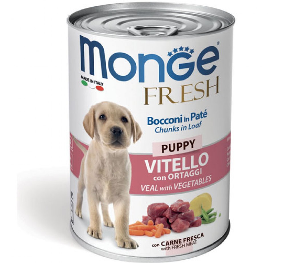 Monge Fresh Dog Puppy Chunks in Loaf with Veal and Vegetables – Консерва за подрастващи кучета до 1 година от всички породи хапки в пастет с телешко месо и зеленчуци  - 400 гр.