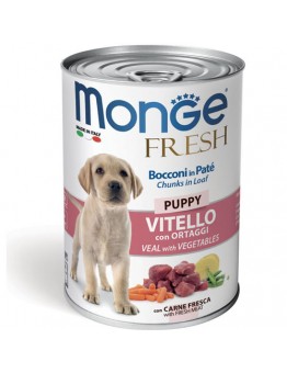Monge Fresh Dog Puppy Chunks in Loaf with Veal and Vegetables – Консерва за подрастващи кучета до 1 година от всички породи хапки в пастет с телешко месо и зеленчуци  - 400 гр.