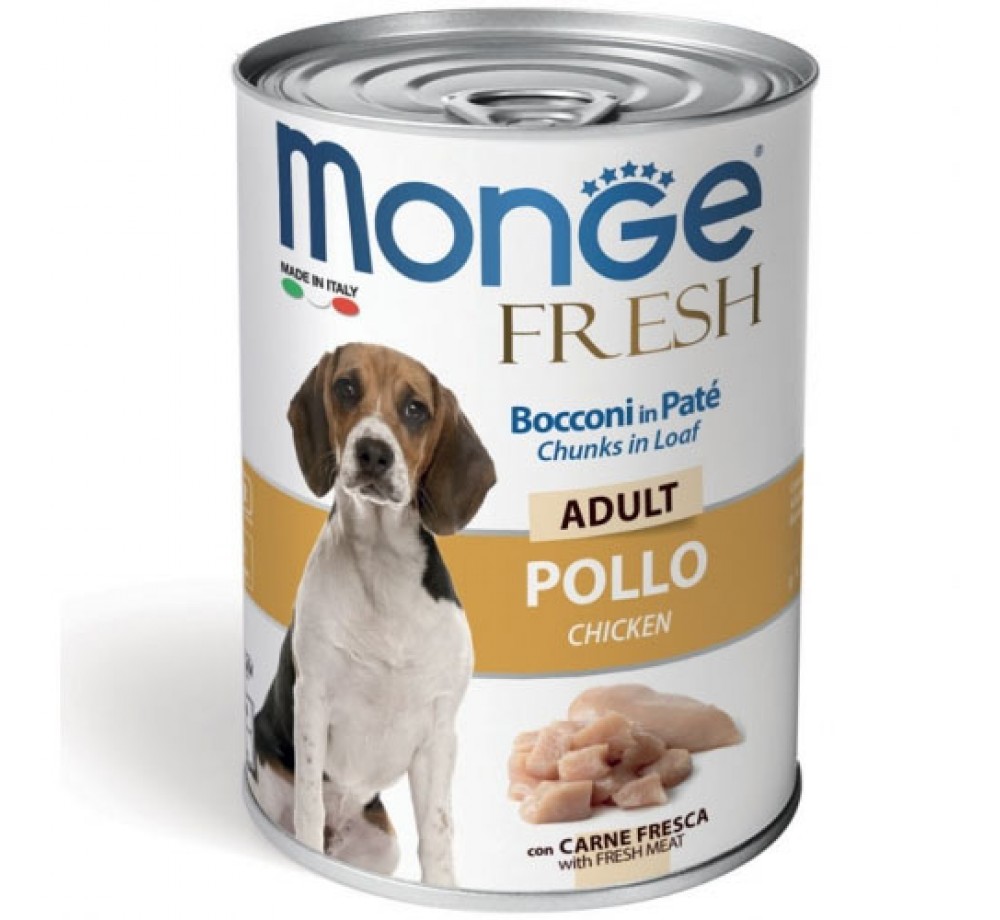 Monge Fresh Dog Adult Chunks in Loaf with Chicken – Консерва за кучета над 1 година от всички породи хапки в пастет с пилешко месо  - 400 гр.