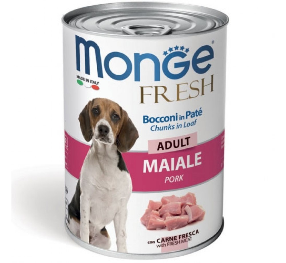 Monge Fresh Dog Adult Chunks in Loaf with Pork – Консерва за кучета над 1 година от всички породи хапки в пастет със свинско месо  - 400 гр.