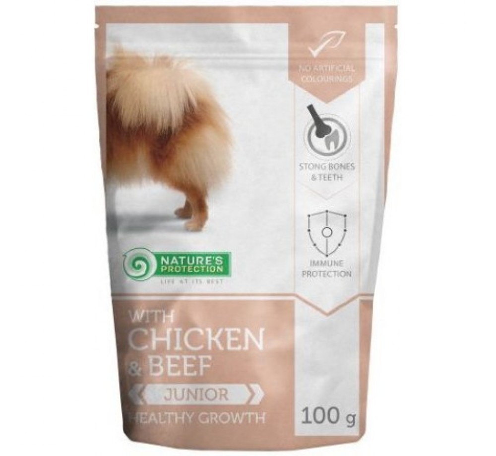 Nature's Protection DOG JUNIOR With Chicken & Beef - Healthy Growth - Високо качествен и неустоим пауч за подрастващи кучета до една година с пилешко и говеждо месо - 100 гр.