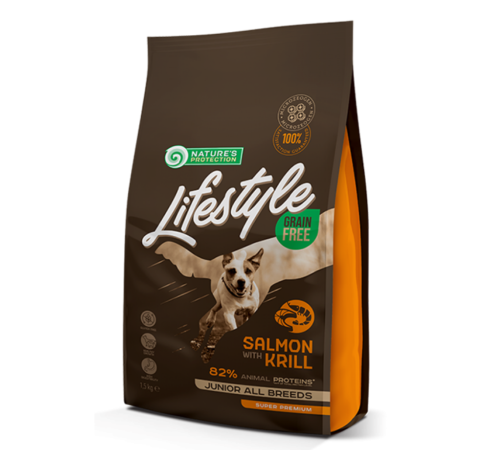Nature's Protection LifeStyle Grain Free Dog -  Junior All breeds - Salmon with Krill - Супер премиум, високо качествена храна без зърно за подрастващи кучета от 3 до 12 месеца от всички породи със сьомга и крил - 1.5 кг.