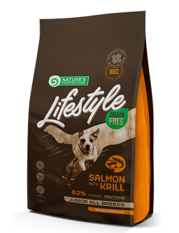 Nature's Protection LifeStyle Grain Free Dog -  Junior All breeds - Salmon with Krill - Супер премиум, високо качествена храна без зърно за подрастващи кучета от 3 до 12 месеца от всички породи със сьомга и крил - 1.5 кг.