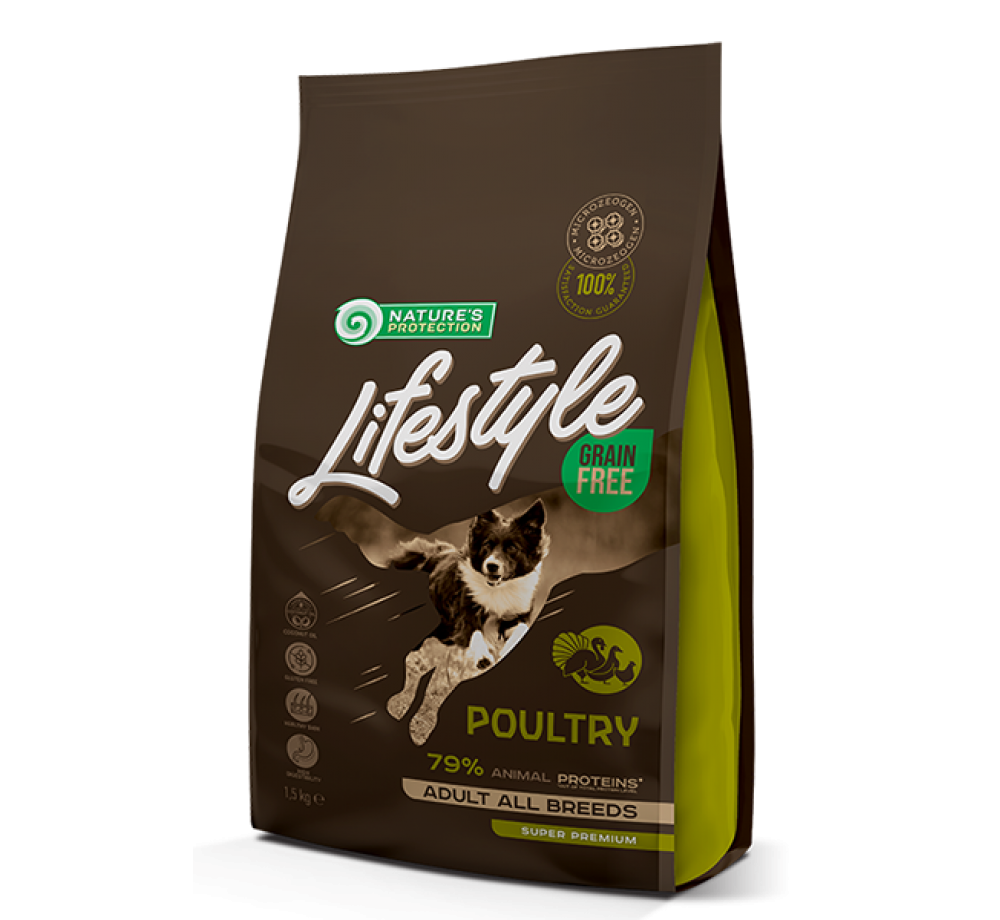 Nature's Protection LifeStyle Grain Free Dog - Adult All breeds - Poultry - Супер премиум, високо качествена храна без зърно за  кучета над 12 месеца отвсички породи с птиче месо - 10 кг.