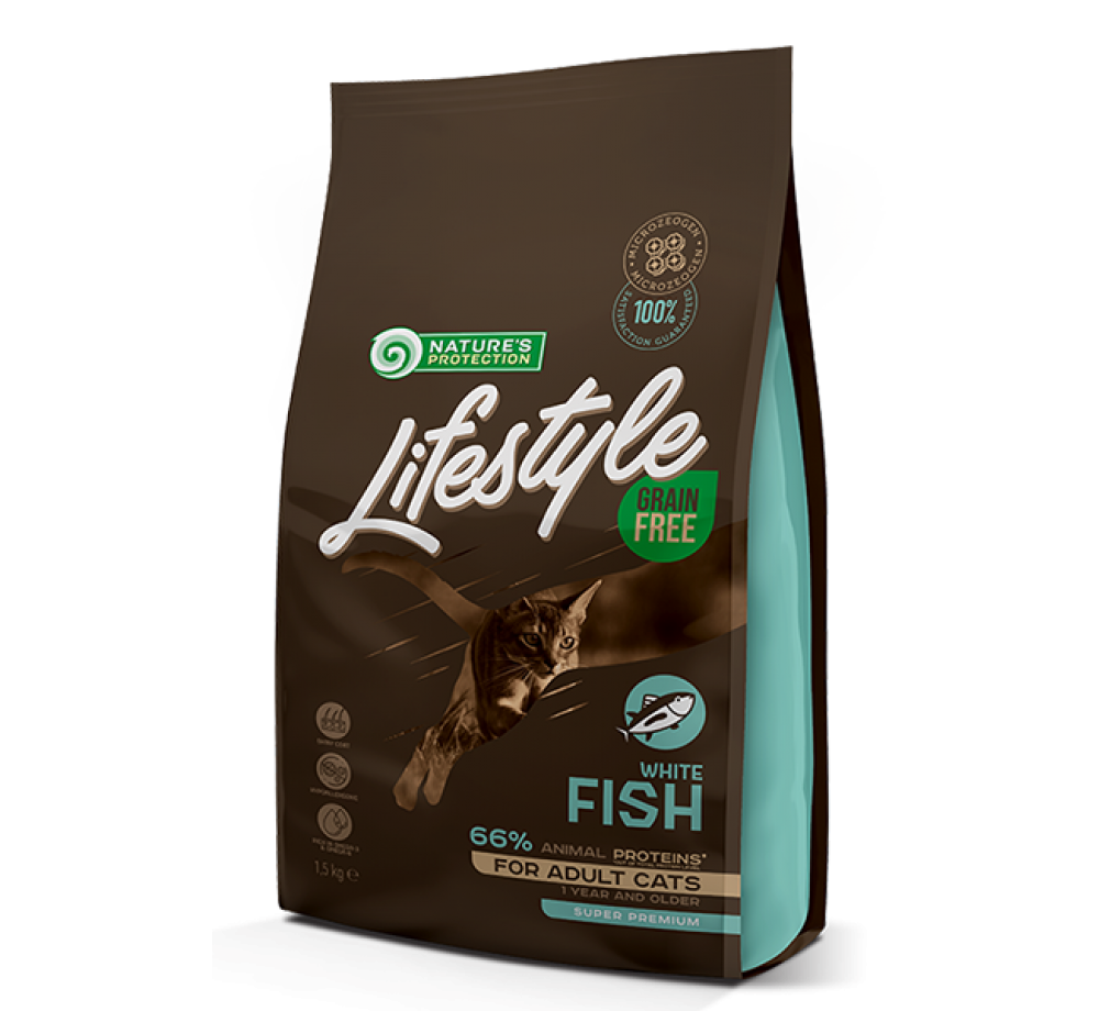 Nature's Protection LifeStyle Cat - Grain Free - Adult White Fish - Супер премиум, високо качествена храна без зърно за котки над 12 месеца с бяла риба - 1.5 кг. Nature's Protection LifeStyle Cat - Grain Free - Adult White Fish - Супер премиум, високо качествена храна без зърно за котки над 12 месеца с бяла риба - 1.5 кг.