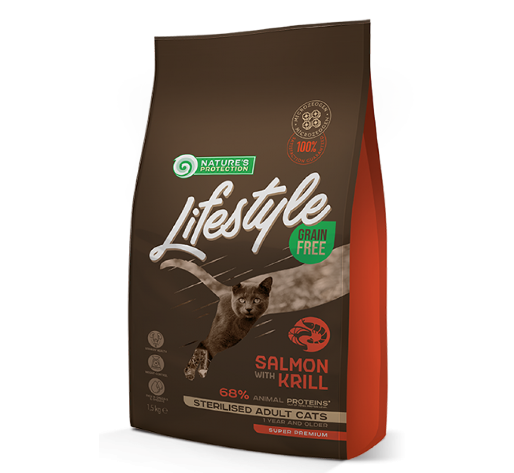 Nature's Protection LifeStyle Cat - Grain Free - Adult Sterilised - Salmon with Krill - Супер премиум, високо качествена храна без зърно за кастрирани котки над 12 месеца  със сьомга и крил  - 0.4 кг.