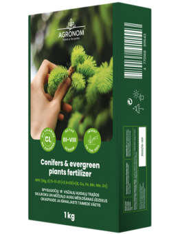 Conifers and evergreen plants fertilaizer - Гранулиран комплексен тор без хлор за иглолистни дървета, вечнозелени широколистни, декоративни растения и живи плетове - 1 кг.
