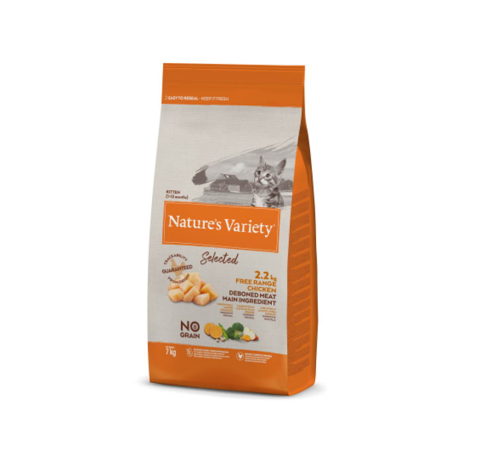 Natures Variety Cat Selected NO GRAIN Kitten Chicken - Суха храна без зърнени съставки за подрастващи котки до 1 година с пилешко месо, плодове и зеленчуци - 7 кг.